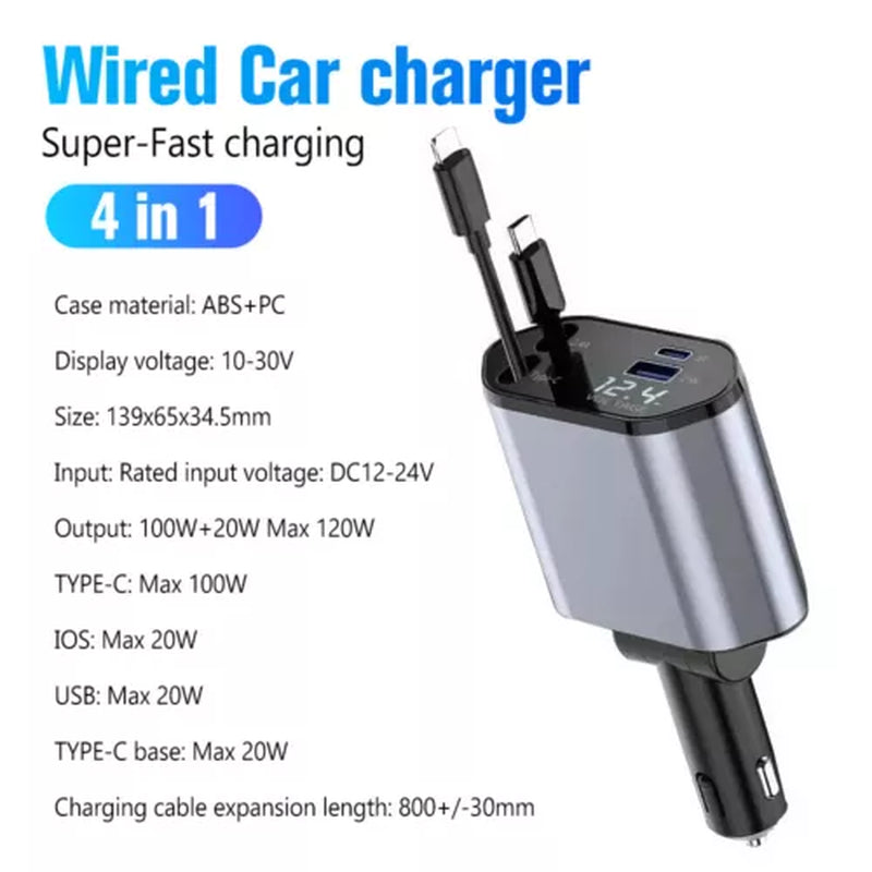 Retractable Car Charger,4 in 1 Car Phone Fast Charger 2 USB Ports for Iphone UK