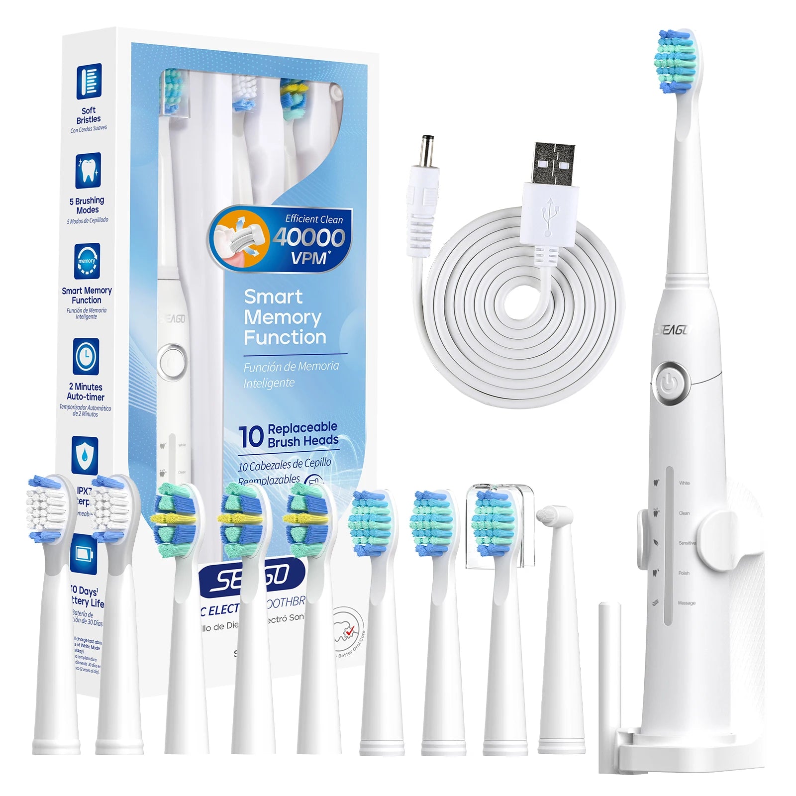 Sonic Electric Toothbrush Tooth Brush USB Rechargeable Adult Ultrasonic Teeth Cleaning 10 Replacement Toothbrush Heads